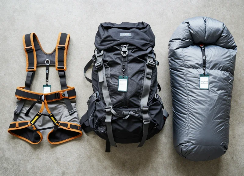 Flat lay of outdoor gear including a backpack and sleeping bag with security lanyards neatly arranged.