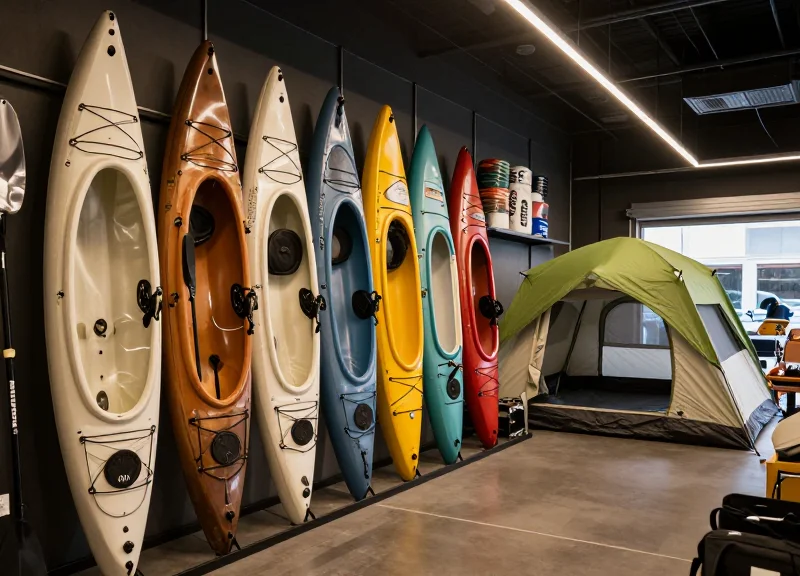 A retail showroom displaying premium kayaks and tents protected by security solutions.