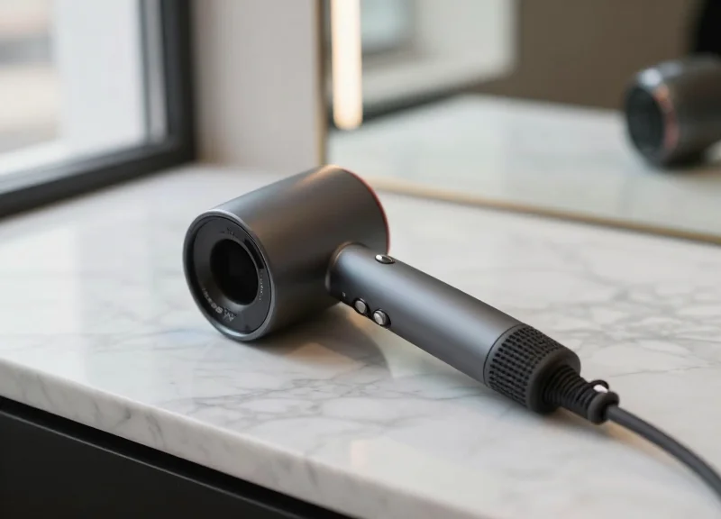 A professional hair dryer on a salon counter with a subtle security cable attached.