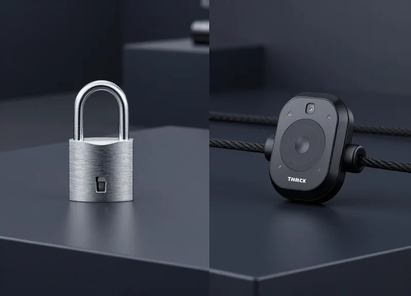A visual comparison between a standard mechanical security cable and a modern electronic alarming tether.