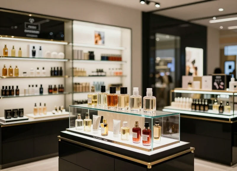 Wide shot of a modern, upscale global beauty retail store with well-organized shelves and cinematic lighting.