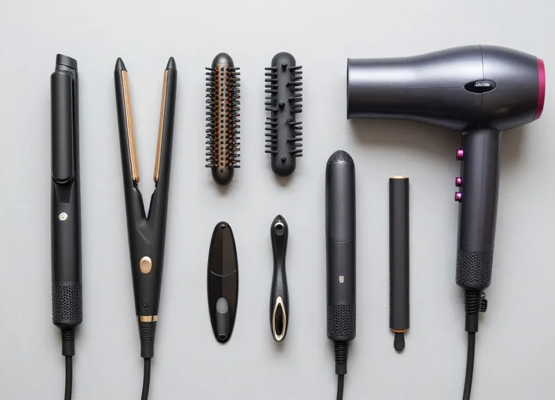 Top-down view of various shaped hair stylers including dryers and curling irons