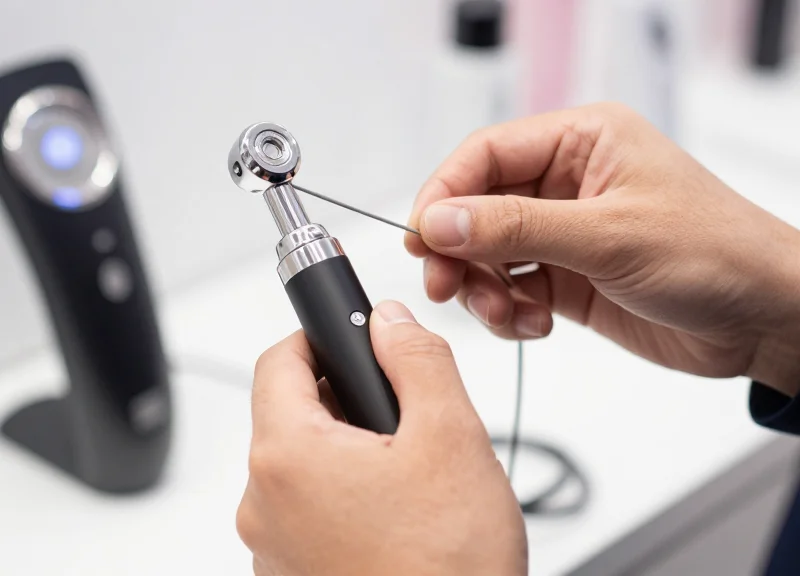 Close-up of a hand calibrating a security cable tension