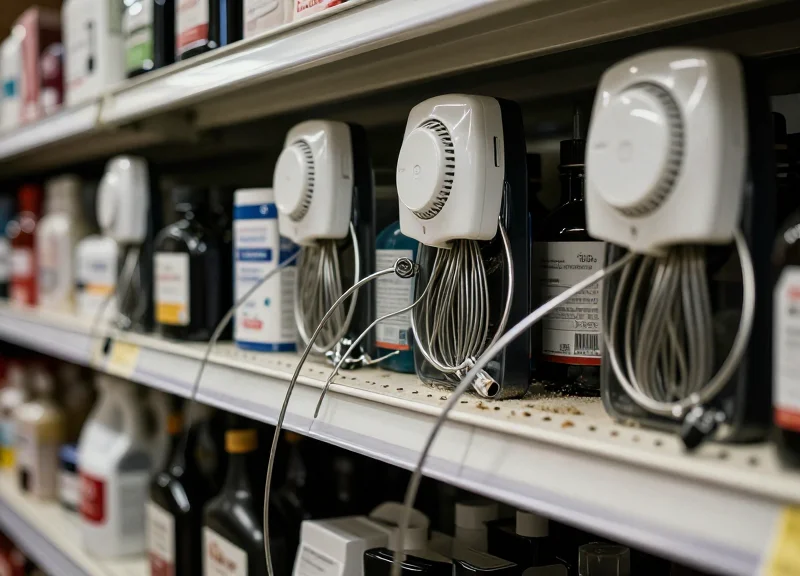 A close-up shot of a cluttered retail display with tangled old-fashioned metal security cables and bulky sensors.