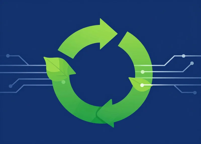 A flat vector illustration of a circular arrow made of leaves and circuitry representing sustainable technology lifecycle.