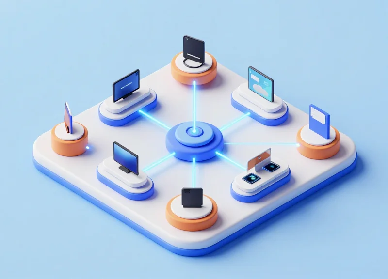 Isometric 3D view of a smart retail environment with connected display pedestals and a central server hub.