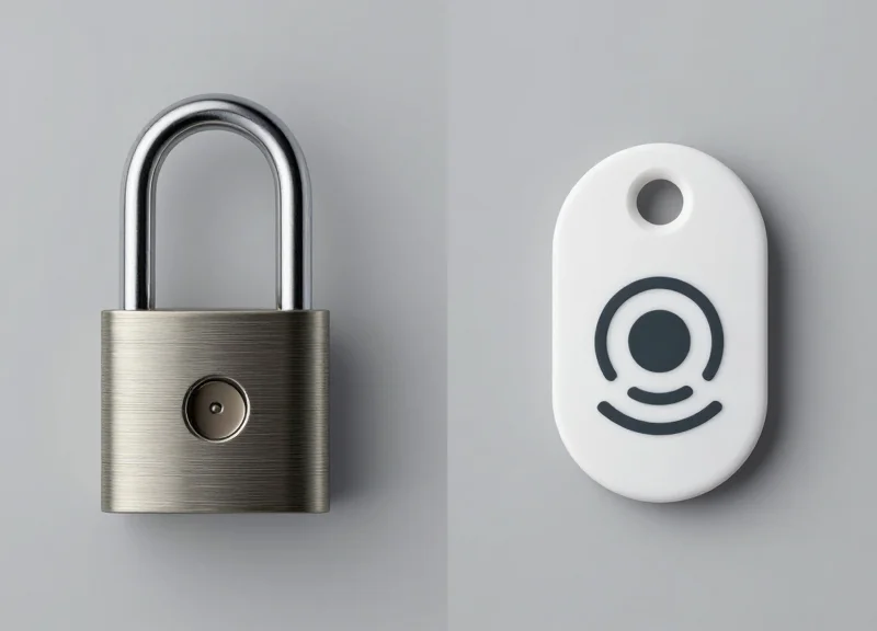 A side-by-side visual comparison showing a mechanical locking tag and an RFID digital sensor tag.