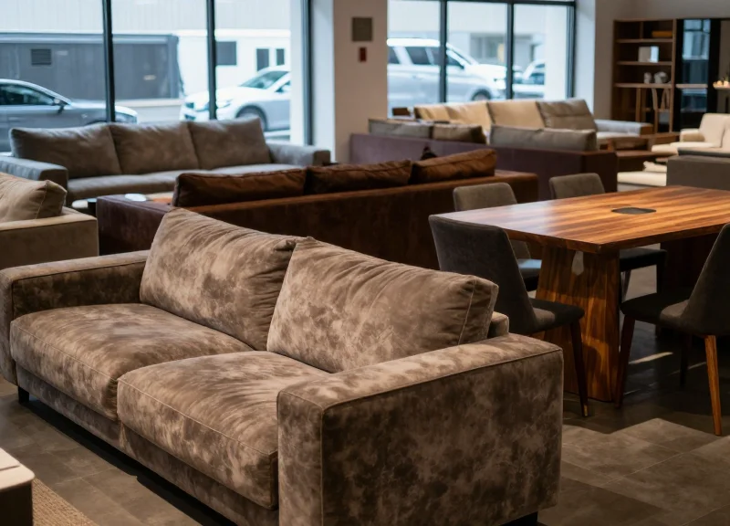 A modern furniture showroom with large sofas and wooden tables featuring subtle integrated RFID sensors.