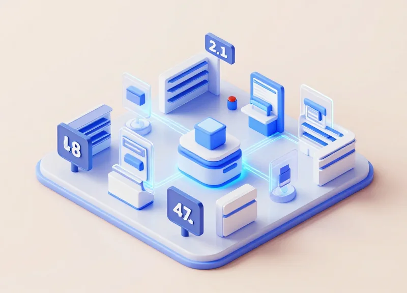 Isometric 3D view of a smart retail store system with digital twins and floating data modules.