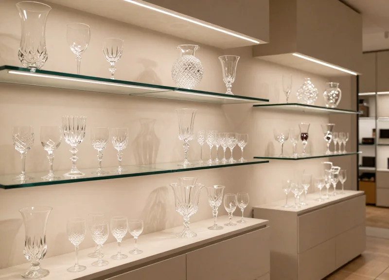 A luxury boutique interior showcasing high-end crystal glassware with elegant lighting.
