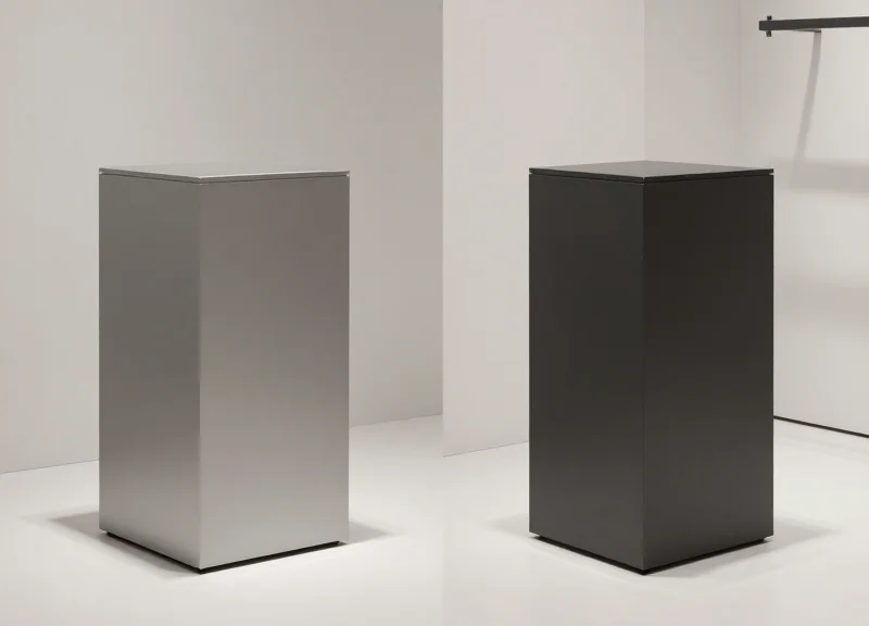 Side-by-side comparison of AM and RF security pedestals in a high-end retail environment.