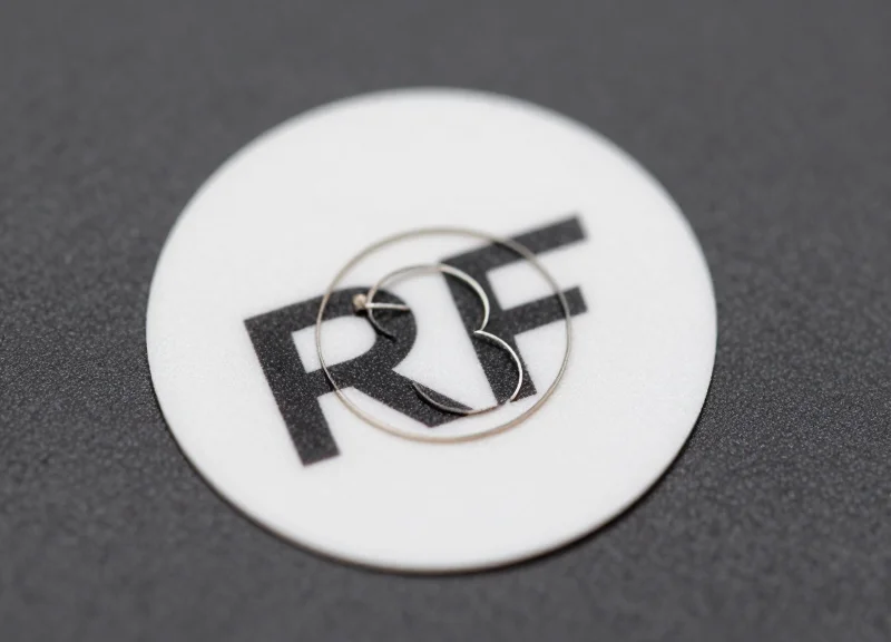 A macro shot of a tiny 15mm RF soft label showing its internal coil structure and thin adhesive profile.