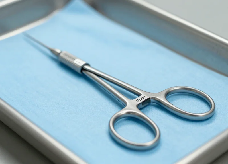 Close-up of a professional surgical tool with a discreet RF security label in a clean medical environment.
