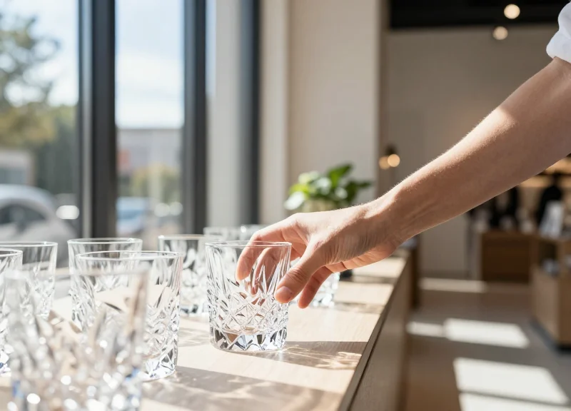 A customer browsing high-end fragile glassware in a bright, modern retail environment.