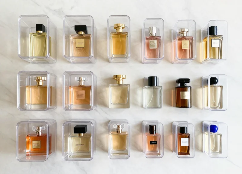 A variety of fragrance bottles neatly arranged with their matching EAS safers of different sizes.