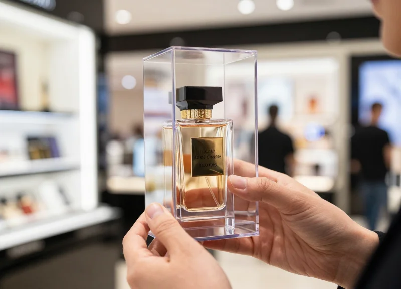 A customer picking up a fragrance bottle protected by a clear EAS safer in a bright cosmetic store.