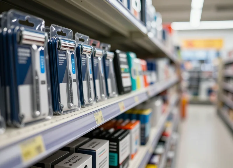 Close-up of premium razors and ink cartridges on a retail shelf with professional lighting.