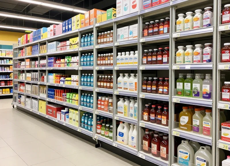 Organized retail shelf with products inside security cases for space optimization.