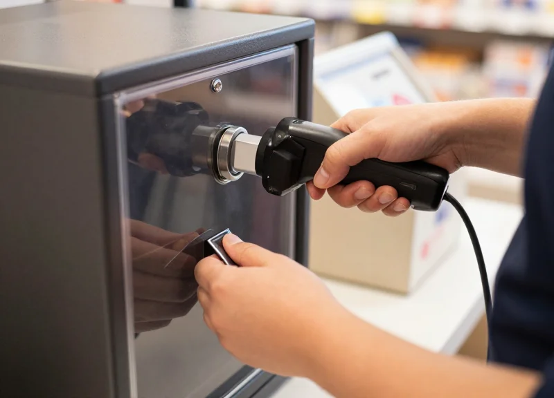Retail staff using a detacher to open a security safer