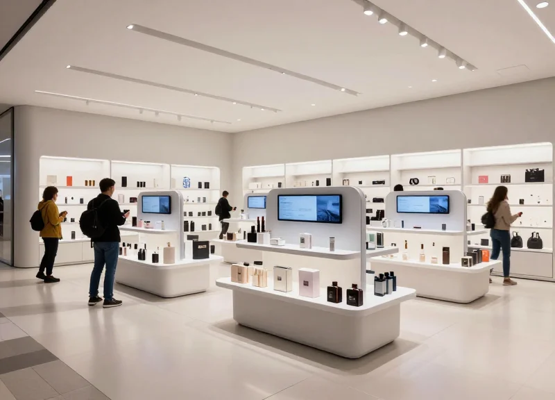 A wide view of a futuristic retail store in 2026 with smart shelves and a bright, airy atmosphere.
