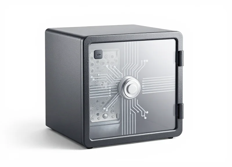 A high-tech transparent retail security safer box with integrated chip details.