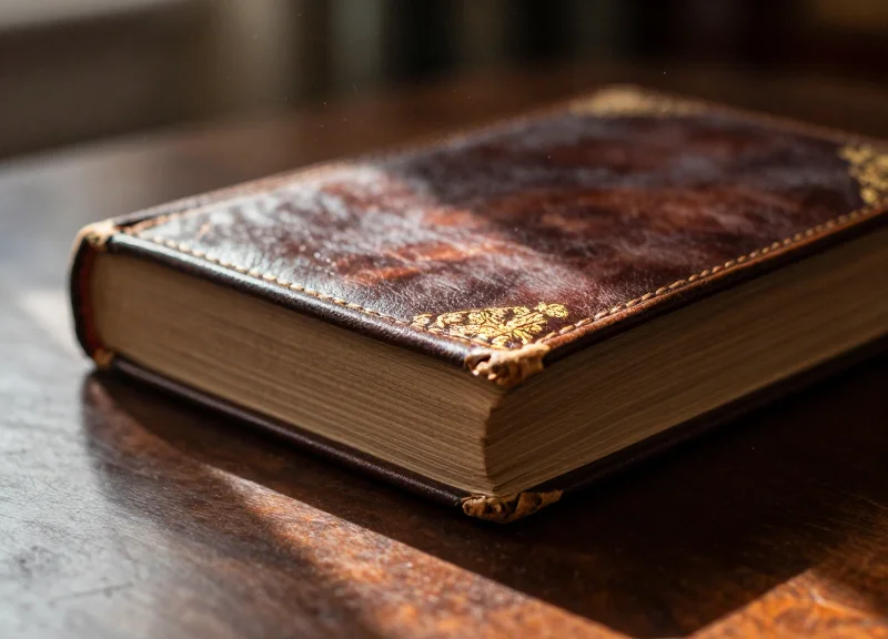 Close-up of a high-end leather-bound rare book on a wooden desk with soft warm lighting