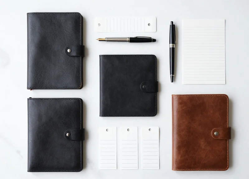 Flat lay of premium stationery, fountain pens, and various security labels organized on a marble surface