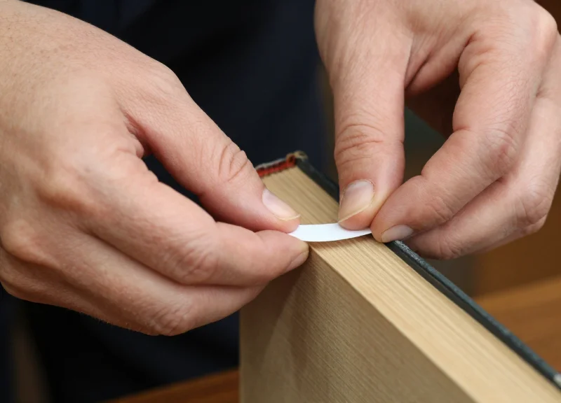 A person carefully placing a small security strip inside the inner spine of a book