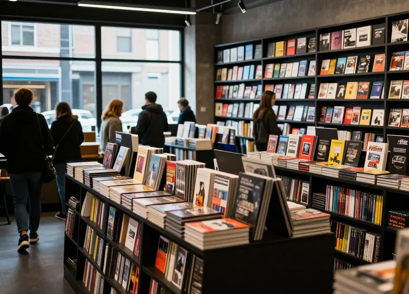 A high-traffic modern media store with rows of books and DVDs and people browsing in a bright retail environment.