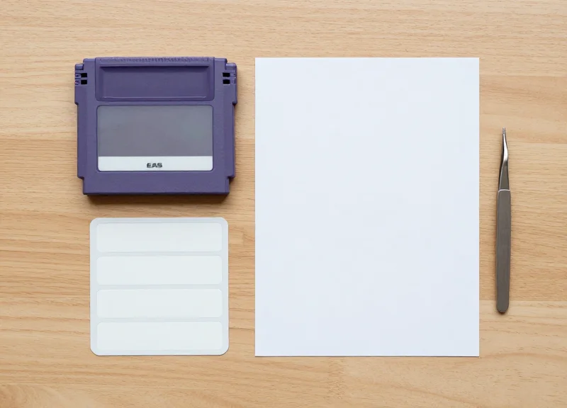 A flat lay of a game cartridge and security labeling tools on a workspace