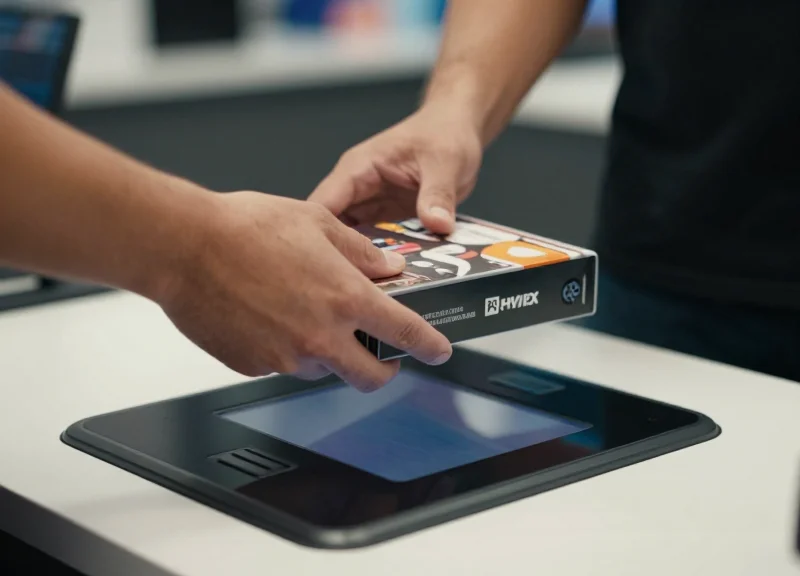 A retail cashier deactivating a labeled game item at a store checkout