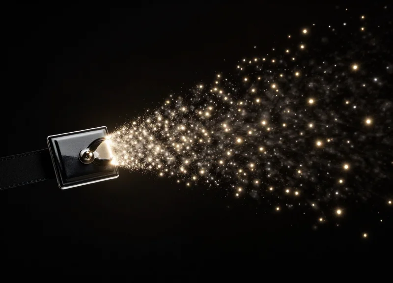 A metaphorical illustration of a traditional security strip dissolving into glowing digital particles.