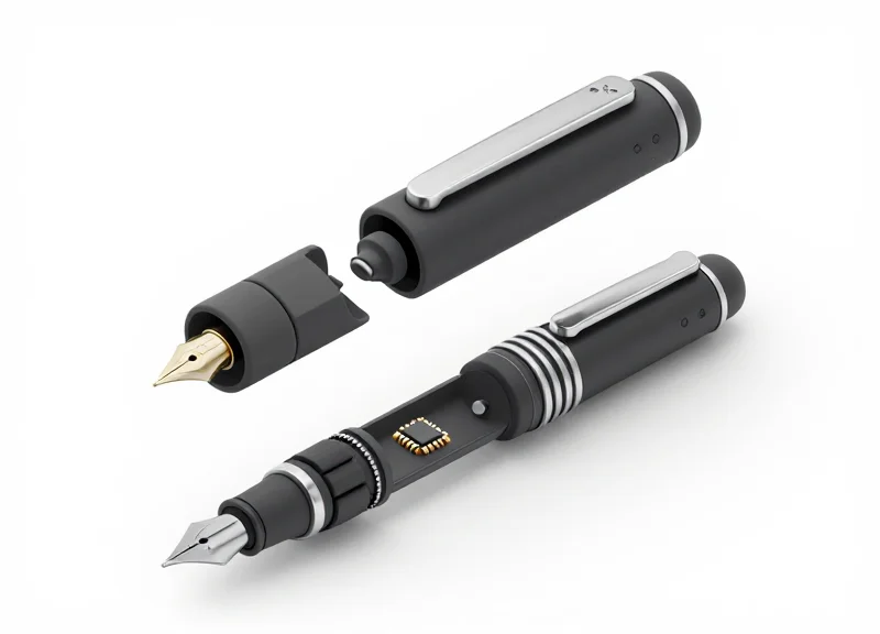 Isometric view of a disassembled luxury pen showing an embedded RFID chip.