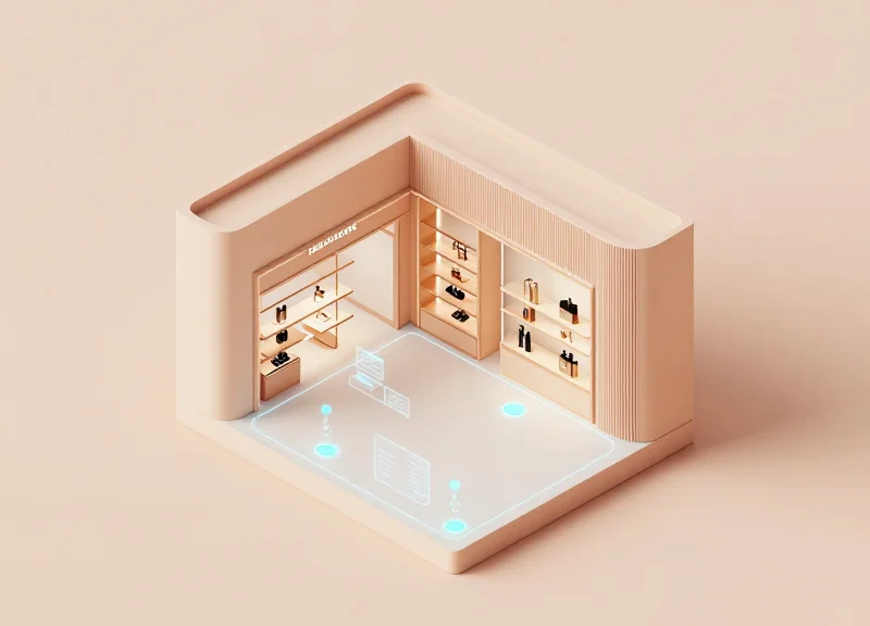 Isometric 3D model of a luxury retail space with invisible AI security zones.