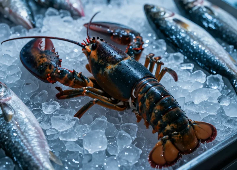 Fresh seafood on a bed of crushed ice with condensation and water droplets in a cold storage environment.
