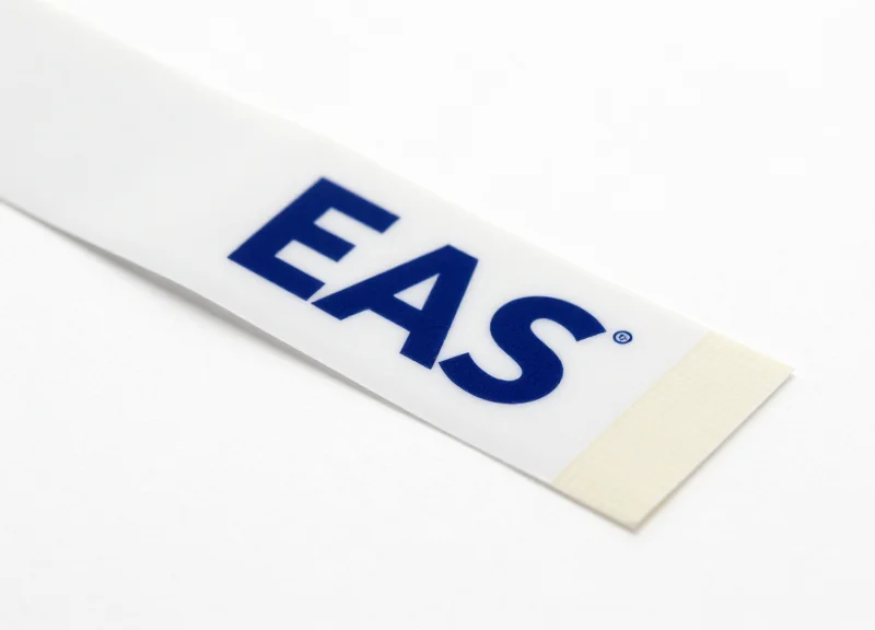 Close-up of waterproof EAS soft label material showing its glossy protective layer and flexible substrate.