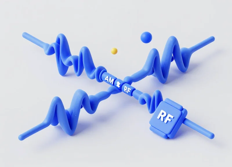 Isometric 3D model representing AM and RF frequency waves interacting with a seafood package.