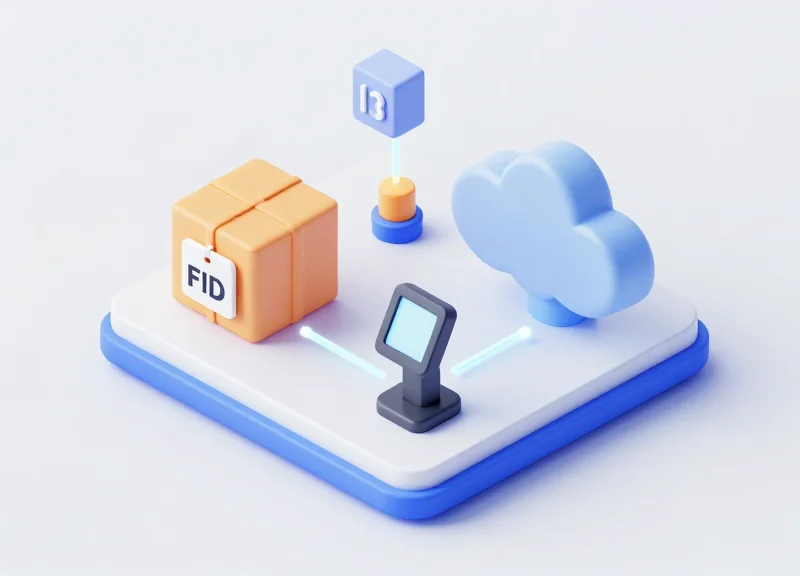 Isometric 3D model of a retail network connecting EAS tags and RFID readers.