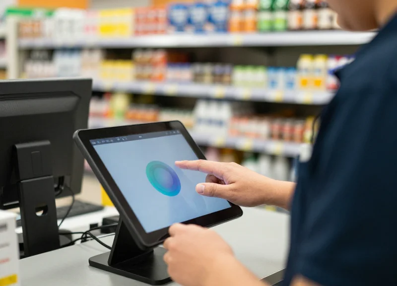 Store staff member checking security system alerts on a tablet.