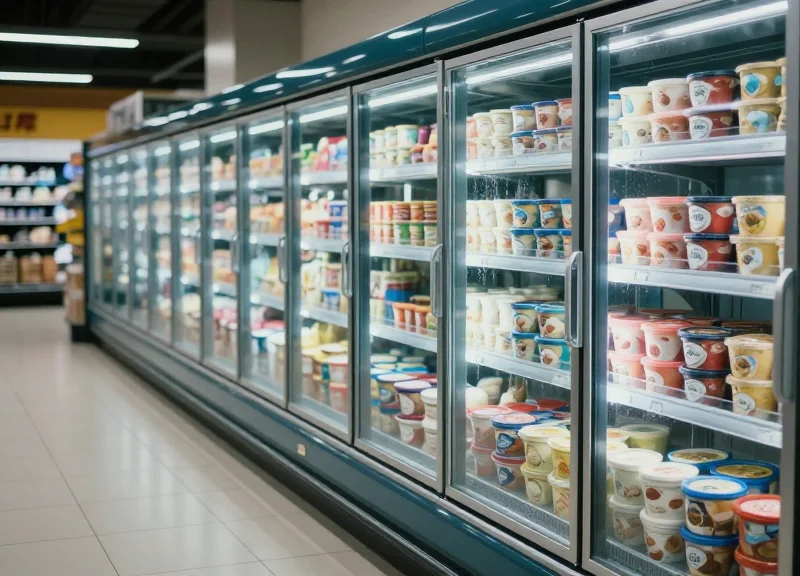 Wide view of a modern supermarket frozen food aisle with glass freezers and condensation.
