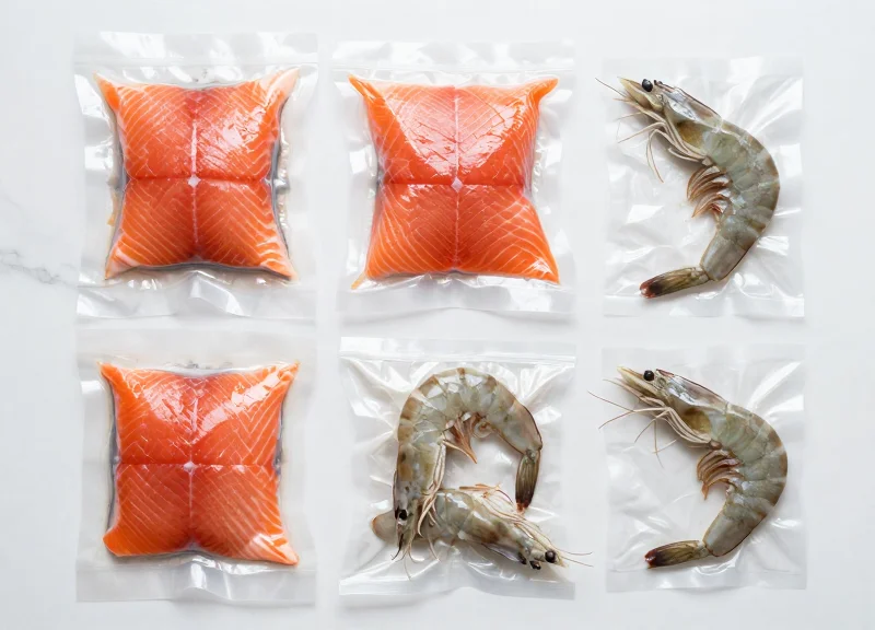 Top-down view of various vacuum-packed seafood items on a clean surface.
