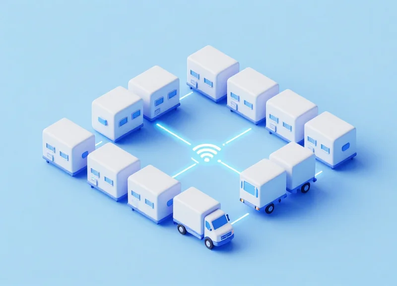 Isometric 3D model of a cold chain logistics network with digital signal icons.