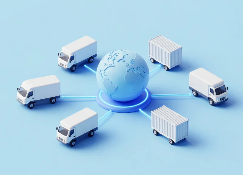 Isometric 3D view of a global food supply chain with digital tracking nodes