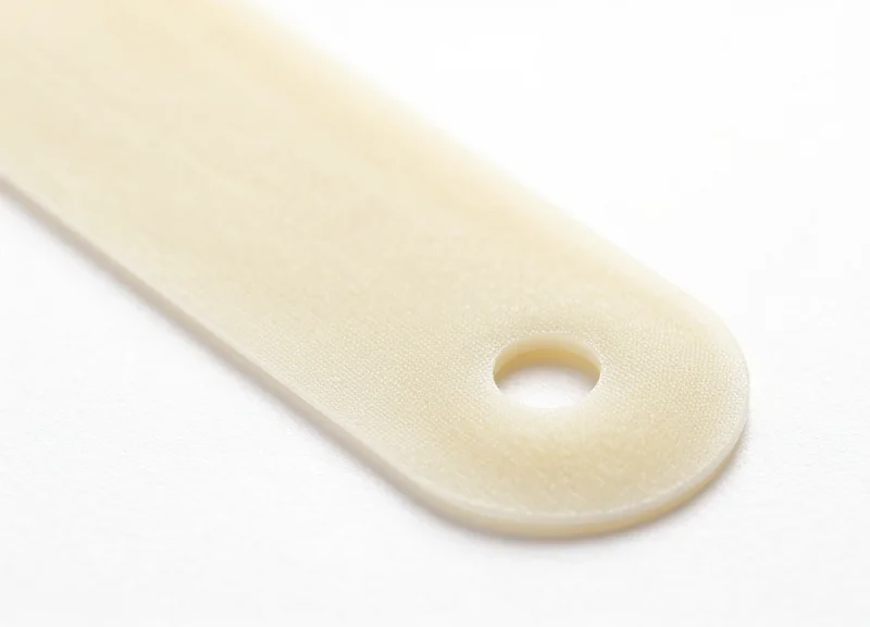 Macro view of a security tag's industrial adhesive layer on a pure white background.