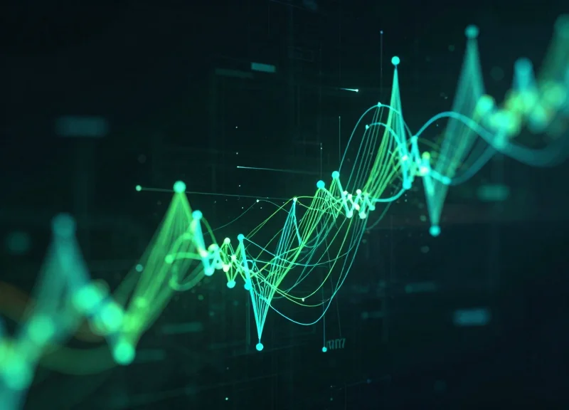 Abstract digital visualization of rising safety and cost-efficiency through RFID data tracking.
