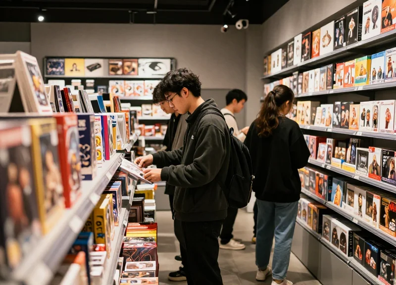 Young adults browsing high-end collectible toys in a modern designer retail store.