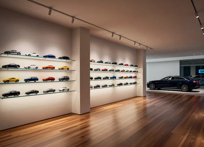 Interior of a high-end boutique specializing in limited edition model cars and collectibles.