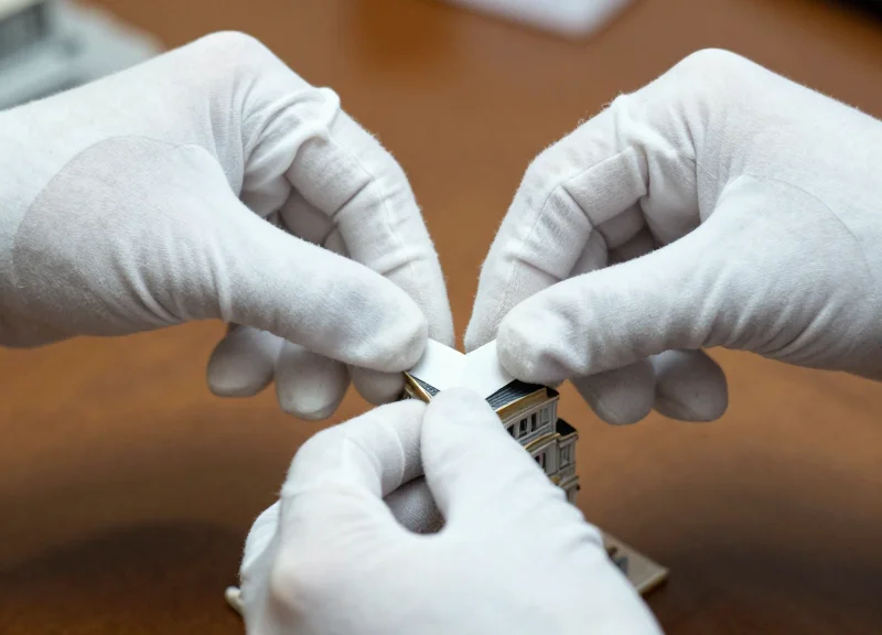 Close-up of hands applying a soft label to a fragile architectural model