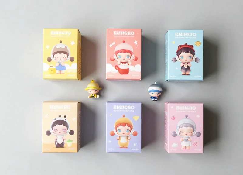 Flat lay of multiple colorful blind box toy packages arranged neatly on a gray surface.