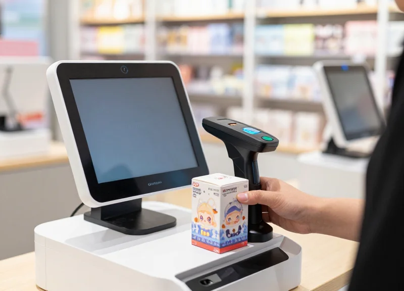 Customer using a self-checkout scanner for a designer toy purchase in a store.
